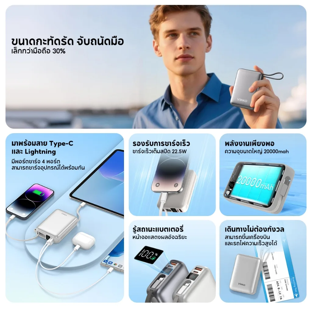 VINKO Pocket V10 พาวเวอร์แบงค์ 20000mAh ชาร์จเร็ว 22.5W PD รองรับ Android และ iPhone