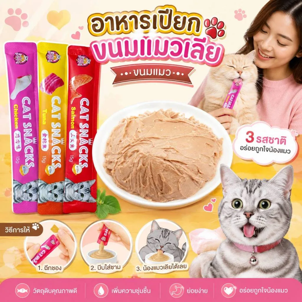 Boqi Factory ขนมแมวเลีย สูตรอร่อย ขนาด 15 กรัม สำหรับแมวอายุ 3 เดือนขึ้นไป