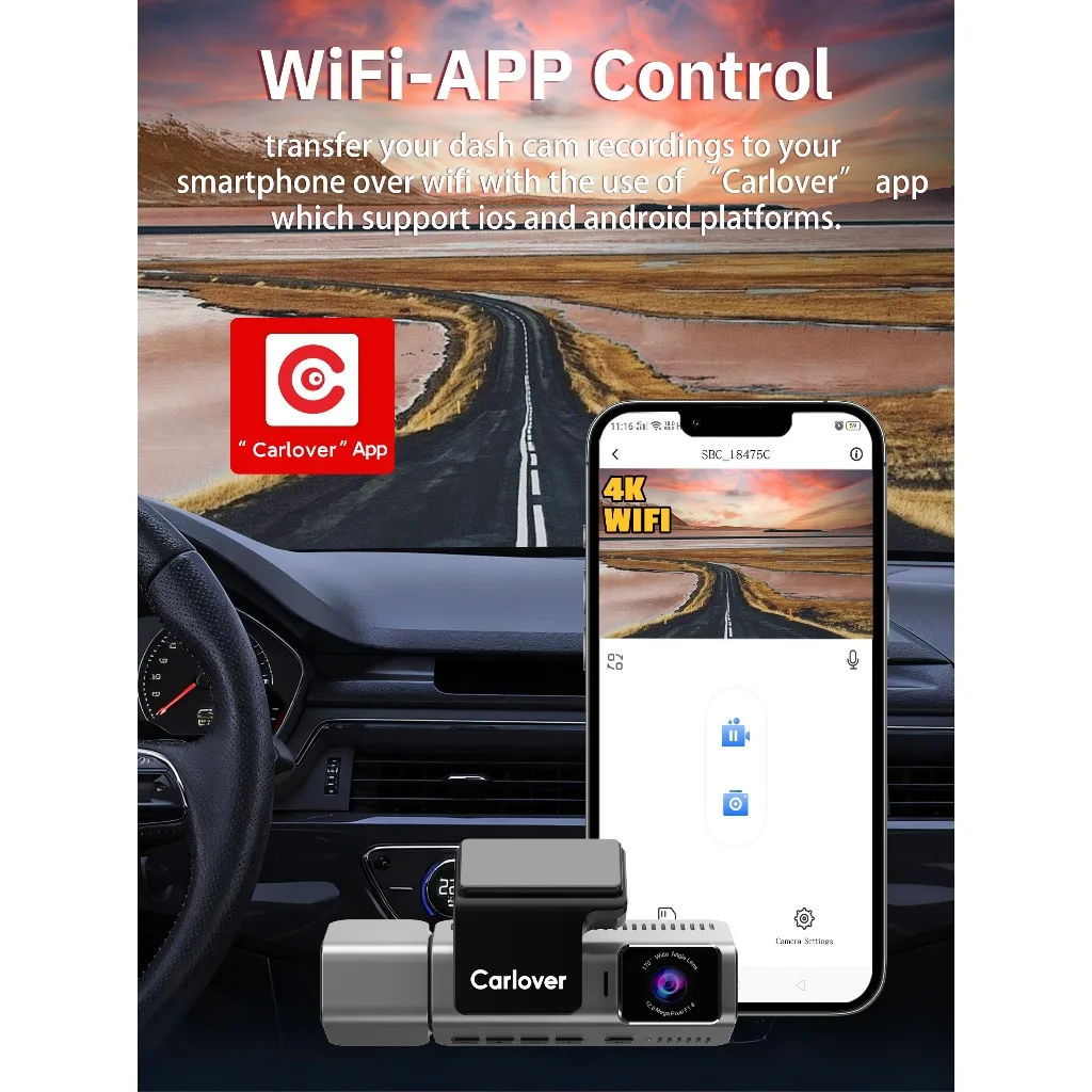Carlover S18 กล้องติดรถยนต์ 3 ช่อง 4K+2K+2K WiFi Night Vision G-Sensor ติดตั้งเนียน