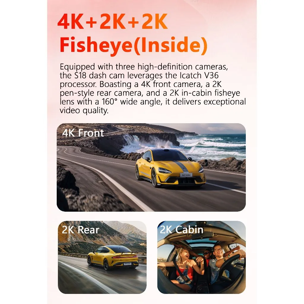 Carlover S18 กล้องติดรถยนต์ 3 ช่อง 4K+2K+2K WiFi Night Vision G-Sensor ติดตั้งเนียน