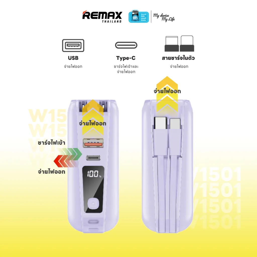Remax W1501 พาวเวอร์แบงค์ 15000mAh ชาร์จเร็ว QC3.0 PD20W มีสายในตัว ขาปลั๊กพับได้
