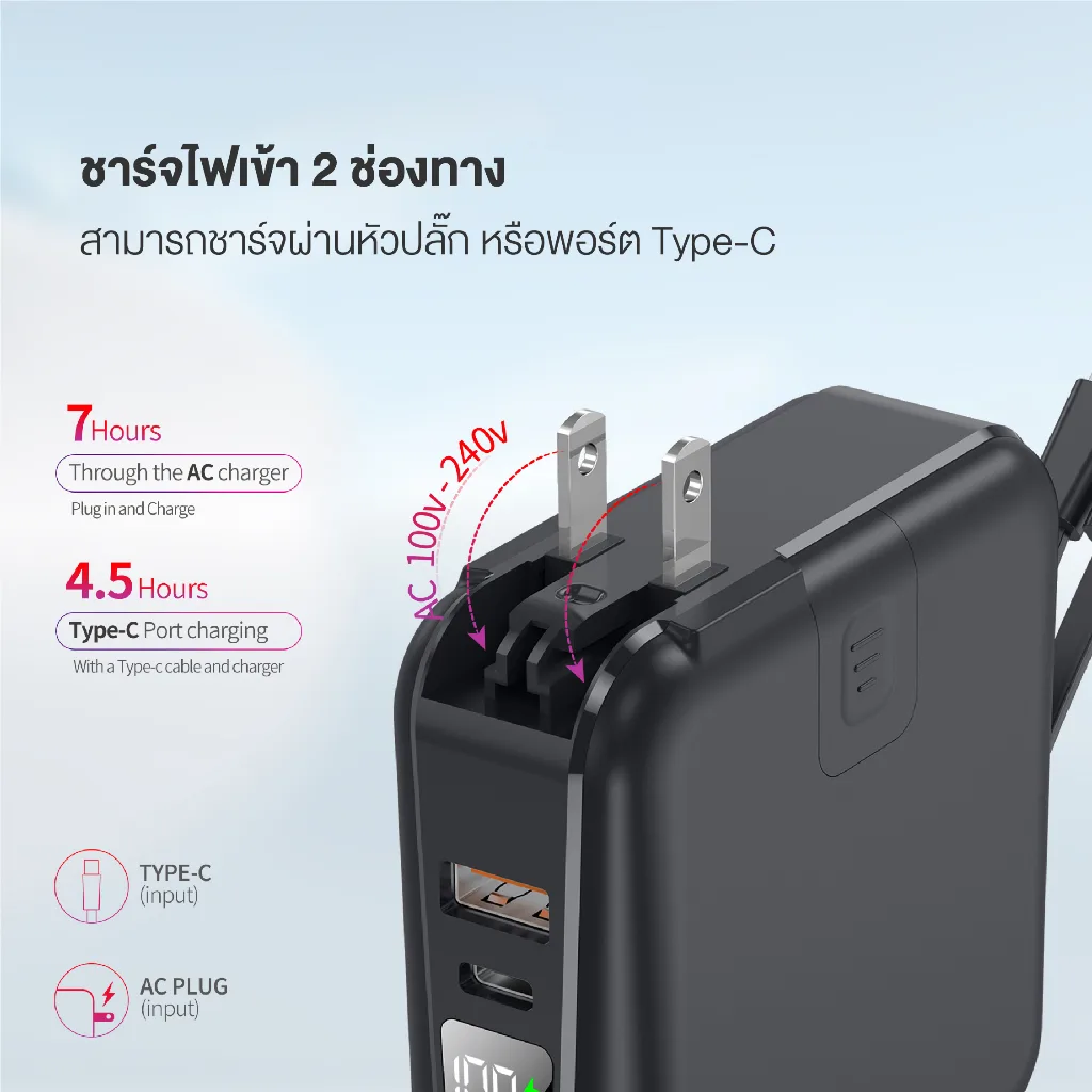 ACMIC W1501 พาวเวอร์แบงค์ 15000mAh ชาร์จเร็ว PD20W มีสายในตัว ขาปลั๊กพับได้ หน้าจอ LED