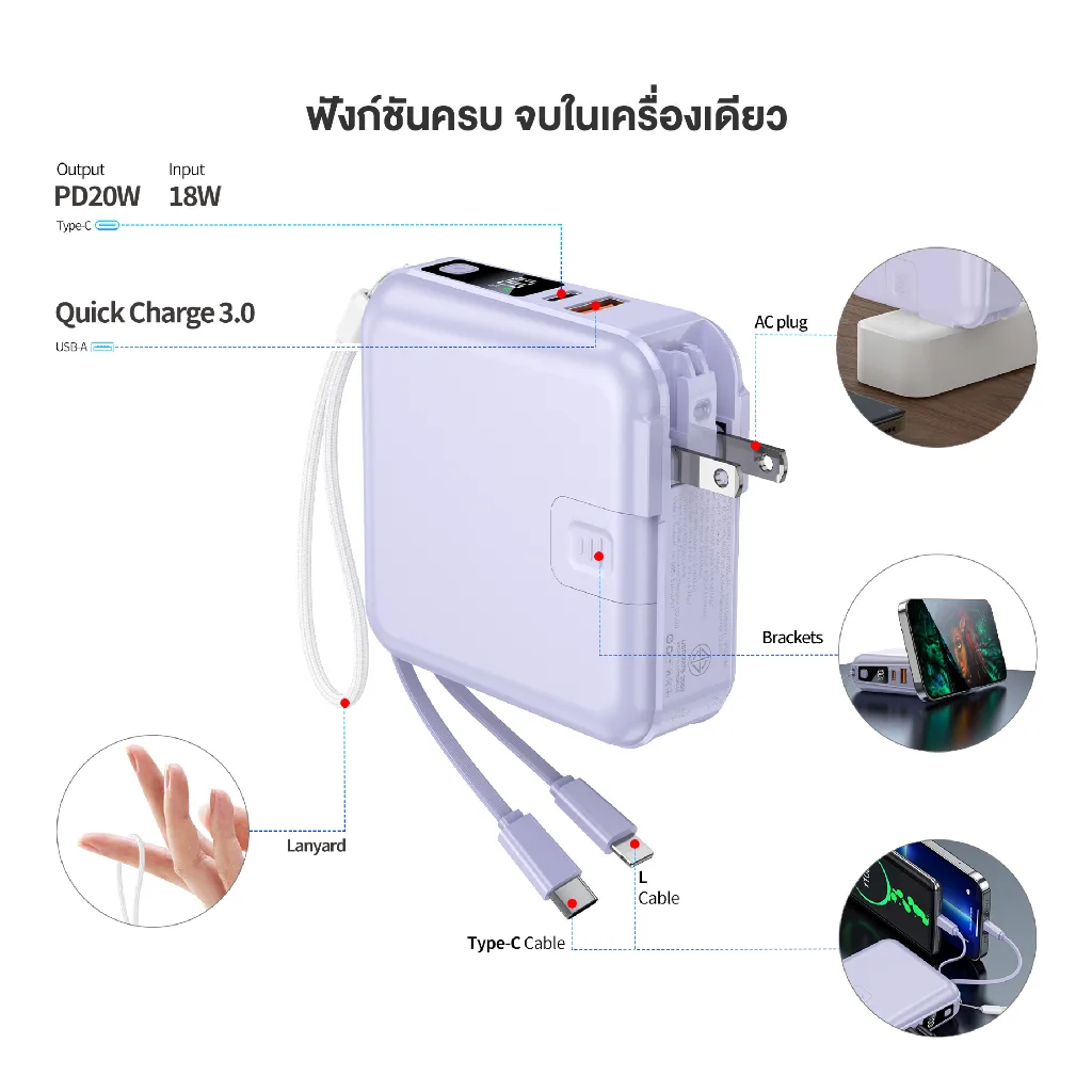 ACMIC W1501 พาวเวอร์แบงค์ 15000mAh ชาร์จเร็ว PD20W มีสายในตัว ขาปลั๊กพับได้ หน้าจอ LED