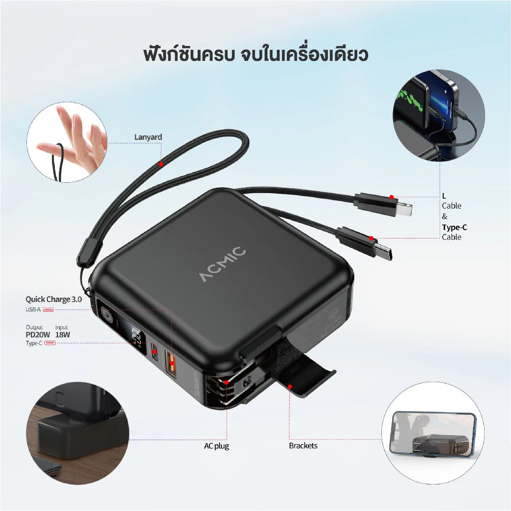 ACMIC W1501 พาวเวอร์แบงค์ 15000mAh ชาร์จเร็ว PD20W มีสายในตัว ขาปลั๊กพับได้ หน้าจอ LED